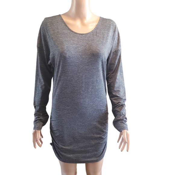 Lucy Size S Manifest Deep V-Back Ruched Sides Gray Space Dye Long Sleeve Tunic - Picture 2 of 10